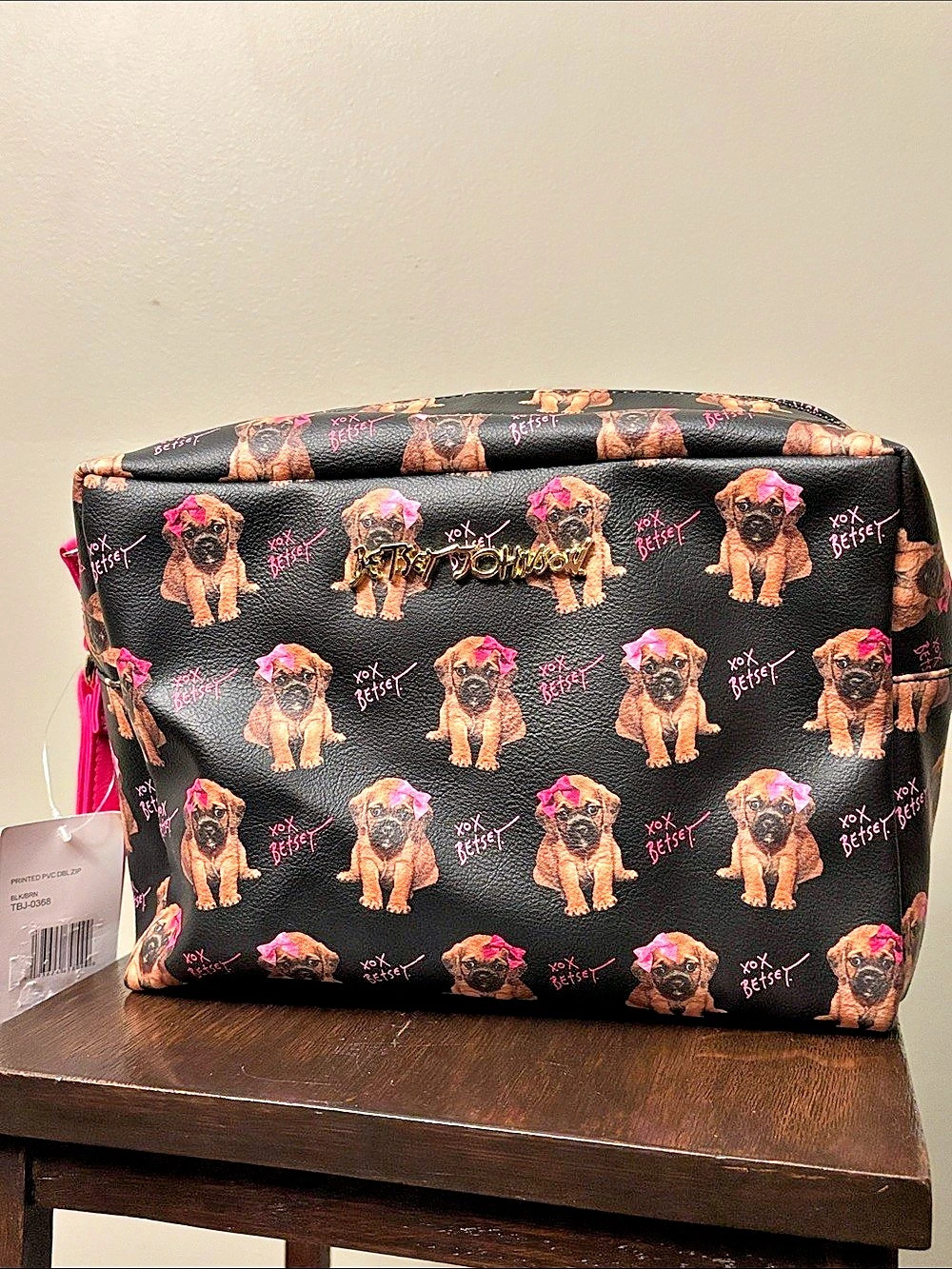 Betsey Johnson Puppy Dog Print Double Zip Cosmetic Bag Black & Pink NWT